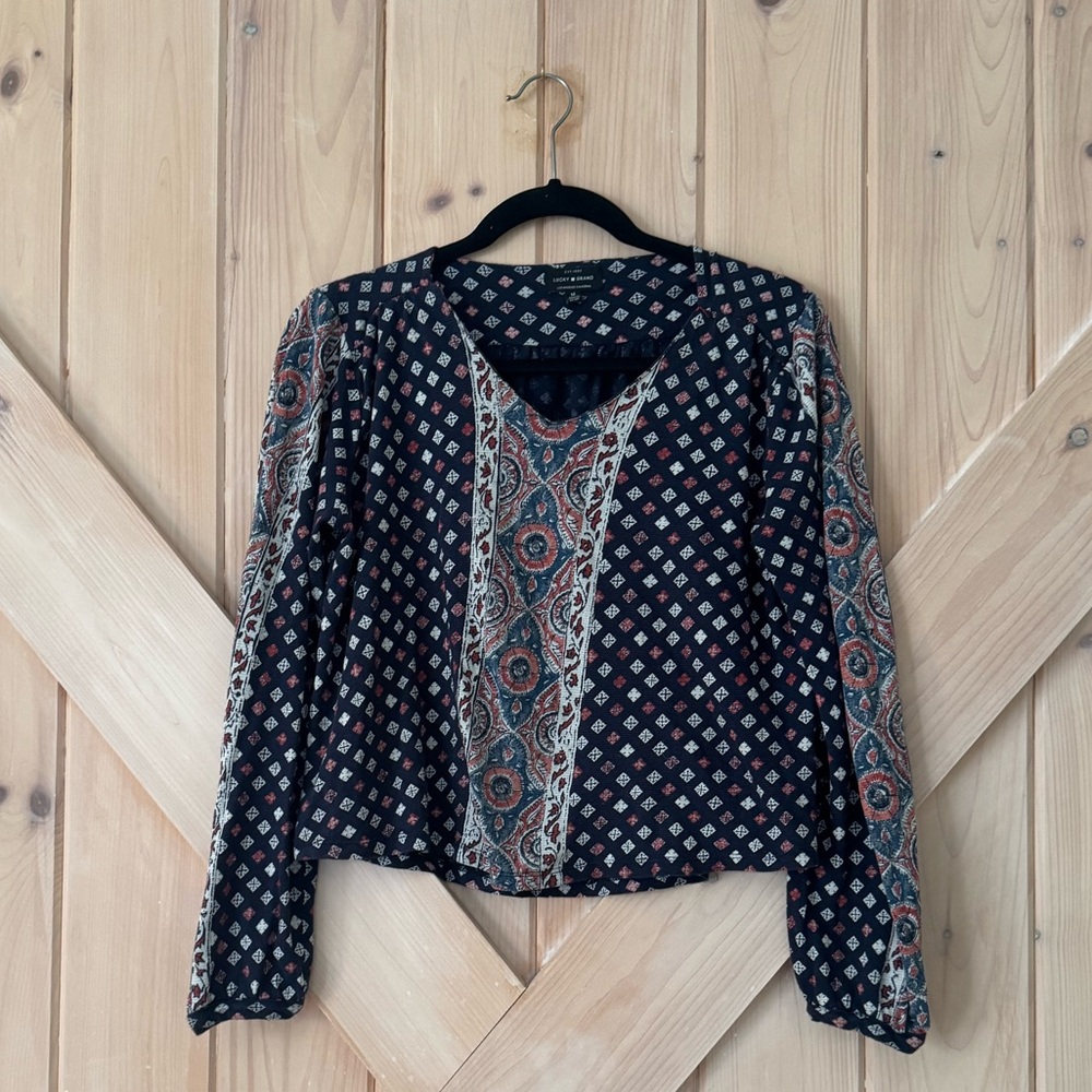 Lucky Brand Blouse Boho Print Long Sleeve Cropped Medium